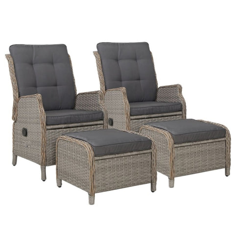 Gardeon 2PC Recliner Chair Sun lounge Wicker Lounger Outdoor Furniture Adjustable Grey ODF-RCL-RW-CHOTM-GEX2