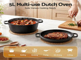 5-Star Chef 5L 2-In-1 Pre-Seasoned Cast Iron Dutch Oven Pot with Lid and Dual Handles for Sourdough DTO-POT-2IN1-BK