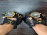 Steampunk Compass Half - Finger Gloves Pure Sheepskin with Gear Decor, Retro Mechanical Style, V1232-PKST002