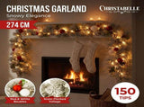Christabelle 2.74m Snowy Elegance Christmas Garland Pre Lit Warm White LED Red Baubles Berries 112_SENSE274