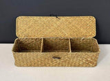 Multi-Compartment Wicker Rattan Storage Basket with Lid - Rustic Home Organizer for Shelves, Home V1370-AZ4-04043