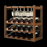 Bamboo Wine Rack Free Standing 15 Bottles with 6 Glasses Holder Storage in Dark Brown V63-837981