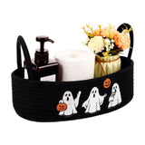 Halloween Woven Storage Basket, Black Cotton Rope Organizer with Ghost Pumpkin Embroidery, Handles V1366-AZ2-W-24768