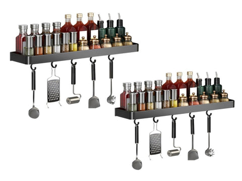 SOGA 2X 40cm Black Wall-Mounted Rectangular Kitchen Spice Storage Organiser Space Saving Condiments TAN1028X2