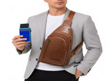 Office Commuter Business Set-Light brown Men's PU Leather Chest Bag and Blue RFID Blocking Aluminum V888-ELOSUNG56064-10