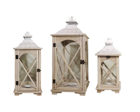 Set 3 Natural Wooden Lantern w White Metal Top 75cm V637-DCO35036