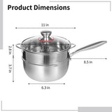 Stainless Steel Saucepan with Steamer, 8.7" Round Milk Pot with Glass Lid, Pour Spout, and Handle, V1369-AZ3-W-08619