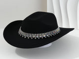 Rhinestone Cowboy Hat - Black Western Hat with Iridescent Gemstone Fringe Band, Wide Curved Brim for V888-ELOSUNG57116-1