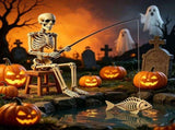 Fisherman Skeleton Halloween Decor, Plastic Skeleton with Fishing Rod and Fish Skeleton, Spooky Yard V1369-AZ3-W-12336