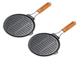 SOGA 2X 24cm Round Ribbed Cast Iron Steak Frying Grill Skillet Pan with Folding Wooden Handle ZPAI026X2