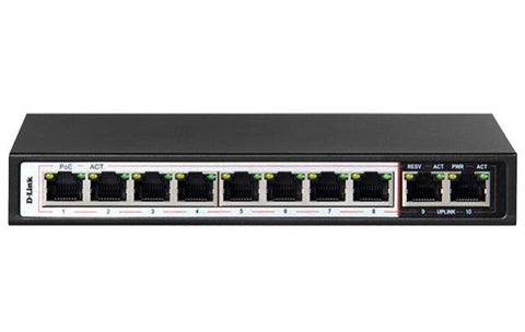 D-Link 10-Port Unmanaged PoE Switch with 8 PoE RJ45 and 2 Uplink Ports 16DES-F1010P-E