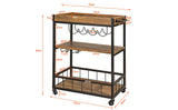 Industrial Vintage Style Wood Metal 3 Tiers Kitchen Serving Trolley with Wine Rack V178-88889