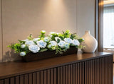 Artificial Flower Arrangement in Carbonized Wood Planter Box, Preassembled Lifelike Peony and Rose V1369-AZ3-W-12305