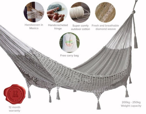 Outdoor undercover cotton Mayan Legacy hammock with hand crocheted tassels Queen Size Dream Sands V97-TDQDS