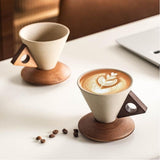Conical Coffee Cup, Large 250ml Ceramic Mug with Inlaid Wood Handle, Includes Solid Wood Base, Ideal V1366-AZ2-W-23206