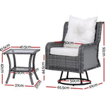 Gardeon 3PC Outdoor Furniture Bistro Set Lounge Wicker Swivel Chairs Table Cushion Grey ODF-B-RAN-ROAT-3PCS-GE-AB