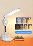 4-Arm Foldable LED Desk Lamp with Built-in Fan, Digital Clock, Temp Display & Dual Pen Holders V1107-CS-CTXXZDD