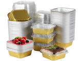 200PCS Mini Cake Pans, 5oz Small Cake Containers with Lids, Aluminum Foil Baking Cups, Golden Square V1369-AZ3-W-08757