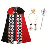 Alice Queen of Hearts 4-Piece Set, Red-Black Cape Silver Scepter, Gold Crown, Playing Card V1232-HHZPTZ-001