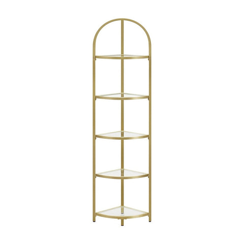 VASAGLE 5 Tier Corner Ladder Bookshelf Tempered Glass Modern Style Golden Color V227-9101402108060