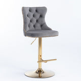 4x Height Adjustable Swivel Bar Stool Velvet Studs Barstool with Footrest and Golden Base- Grey V226-SW1912GY-2