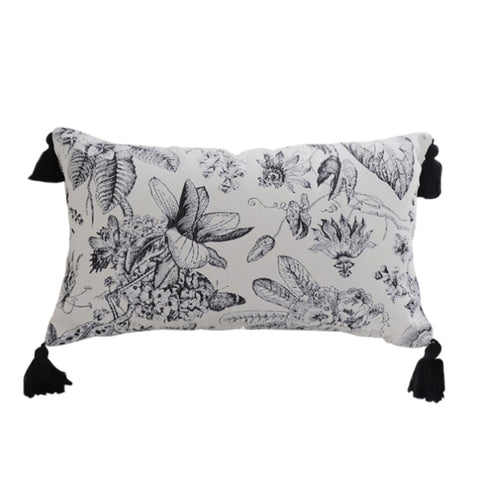 SOGA 35cm Throw Pillow Black and White Floral Print Elegant with Tassel Accents Home Decor FRENCHCUSHION342