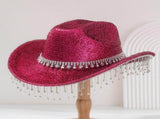 Rose Red Rhinestone Fringe Cowboy Hat - Sparkling Western Party Hat with Round Gemstone Band and V888-ELOSUNG57115-4