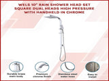 WELS 10" Rain Shower Head Set Square Dual Heads High Pressure with Handheld in Chrome V63-848011