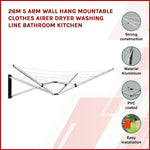 26m 5 Arm Wall Hang Mountable Clothes Airer Dryer Washing Line Bathroom Kitchen V63-828071