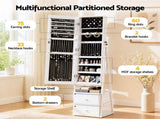 Artiss Lockable Jewelry Armoire with Mirror, Freestanding Organizer Cabinet with Drawers, White JC-B-2D-153-WH