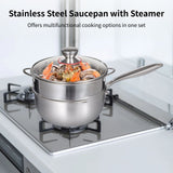 Stainless Steel Saucepan with Steamer, 8.7" Round Milk Pot with Glass Lid, Pour Spout, and Handle, V1369-AZ3-W-08619