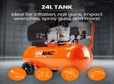 UNIMAC 24L 2.0HP Air Compressor, Direct Drive, 2 Couplers for Airtools Tyre Inflation, Portable, V219-ACMELEUM250A