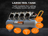 Unimac 150L 4.5HP Ultra-Slient Oil-Free Electric Air Compressor, Long Life Quad Motor, 116PSI V219-TOLACMUM1M5FA
