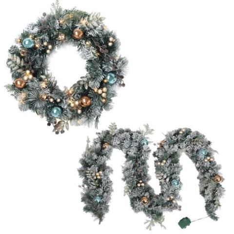 Jingle Jollys 2.7m Christmas Garland with Wreath Set LED Lights Snowy Xmas Decor XM-TR-GAR-WRE-FROST-LED