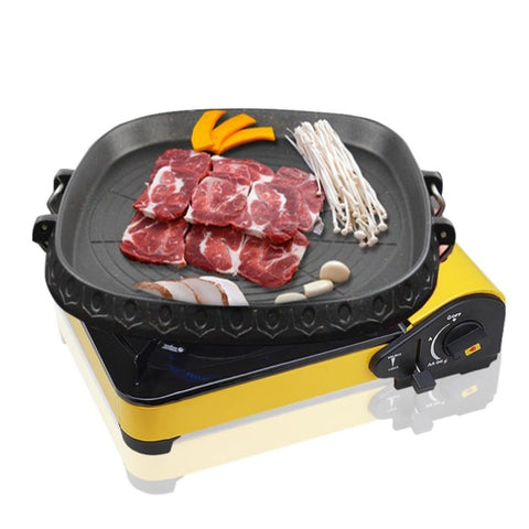 Portable Butane Stove Gas Burner Yellow with Korean BBQ Stone Grill Plate Square GASBURNERYELLOWWITHSTONESQUARE