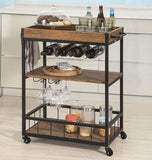 Industrial Vintage Style Wood Metal 3 Tiers Kitchen Serving Trolley with Wine Rack V178-88889