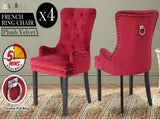 4X French Provincial Dining Chair Ring Studded Velvet Rubberwood Leg LISSE BORDEAUX RED V274-FT-VFC-1141-RD4