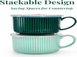 2 Packs Ceramic Soup Bowls with Handles, 32 OZ Microwave Safe Mug Vented Lid, Leak-proof French V1259-DP01-A-890