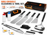 15-Piece Stainless Steel BBQ Griddle Tools and 3-Row Grill Cleaning Wire Brush Set, Portable Outdoor V888-ELOSUNG52322