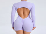 S Purple Backless Scrunch Butt Workout Jumpsuit - Long-Sleeve Open-Back Yoga Romper V888-ELOSUNG16897