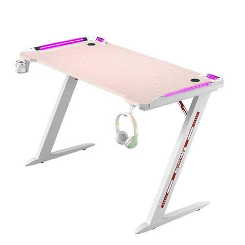 120cm RGB Gaming Desk Home Office Carbon Fiber Led Lights Game Racer Computer PC Table Z-Shaped Pink V255-D2108-120CM