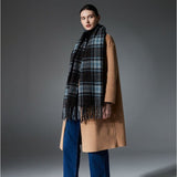 Black Blue Striped Wool-Blend Beanie & Plaid Fringed Scarf Set Soft Knit Hat and V888-ELOSUNG54008