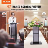 VEVOR Acrylic Podium, 47" Tall, Acrylic Podium Stand with Wide Reading Surface & Storage Shelf, V952-CTSJTHSTMYK47UDDCV0