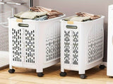 A wheeled foldable plastic laundry basket, suitable for dirty clothesnd easy to move. It features V1106-XYL001