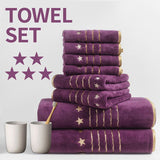 8-Piece Purple Luxury Coral Fleece Bath Towel Set - Gold Star Embroidery Ultra Absorbent Soft Plush V888-ELOSUNG55375