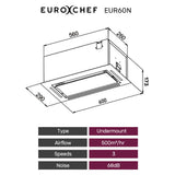 EUROCHEF 60cm Undermount Rangehood Silver, Quiet 3-Speed, 3-Layer Dishwashable Filter, LED Lights V219-RGHUDREC6NFA