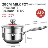 20cm 316L Stainless Steel Saucepan Compound Steel Honeycomb Nonstick Sauce Pan with Glass Lid 2.2L V255-20CMMILKPOT