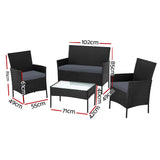 Gardeon 4 Seater Outdoor Sofa Set with Storage Cover Wicker Table Chair Black ODF-PATIO-17007-BK-AB-COVER