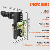 Adjustable Trailer Hitch, 203.2 mm Drop & 165.1 mm Rise Hitch Ball Mount with 50.8 mm Receiver, V952-SQTQJTCB22259NAWHV0
