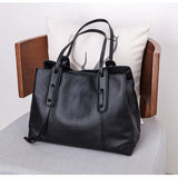 Top-Grain Leather Contrast Tote Large Capacity Commuter Shoulder & Handbag, Fabric Lining V1232-ZPDJB-001